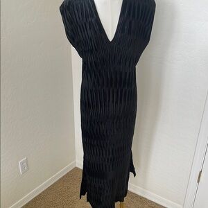 Anthropologie Black plisse Midi  V-Neck shoulder pad Dress